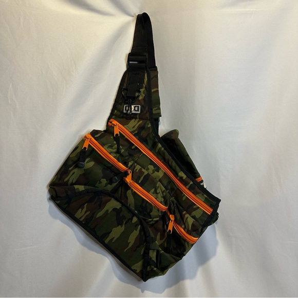 Diaper Dude Camouflage Messenger Bag with Orange Zippers and Bottle Holder - Picture 1 of 3